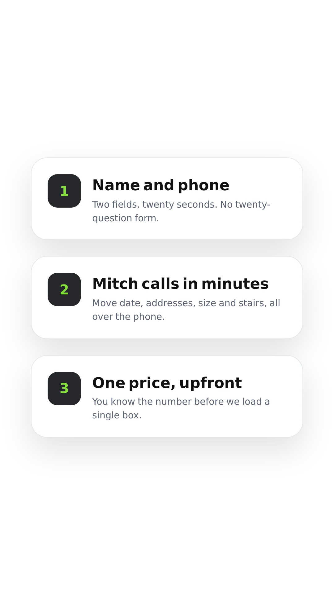 Three steps to a Fast Track Muskoka quote: name and phone, Mitch calls in minutes, one price upfront