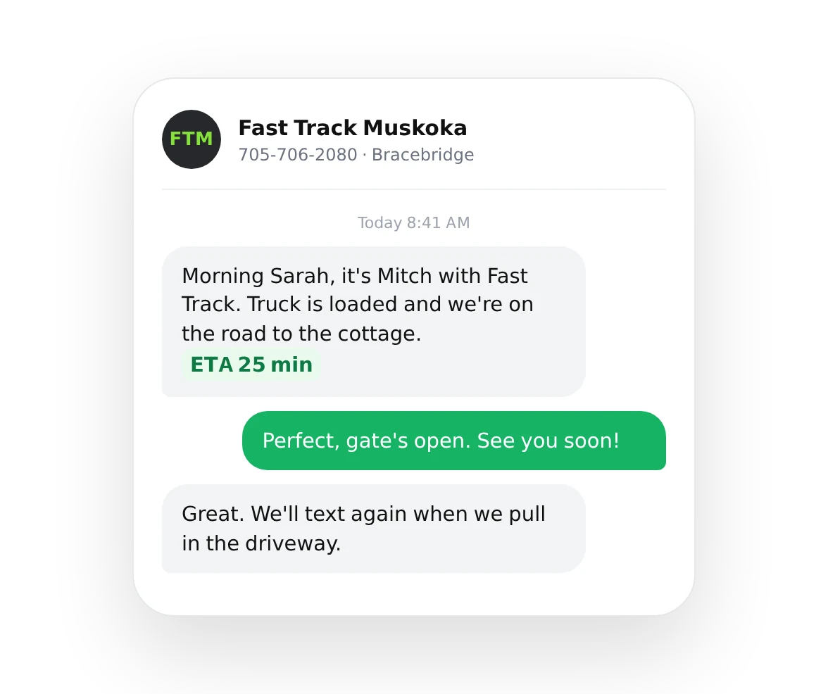 Text thread from Fast Track Muskoka telling a customer the truck is loaded and 25 minutes out